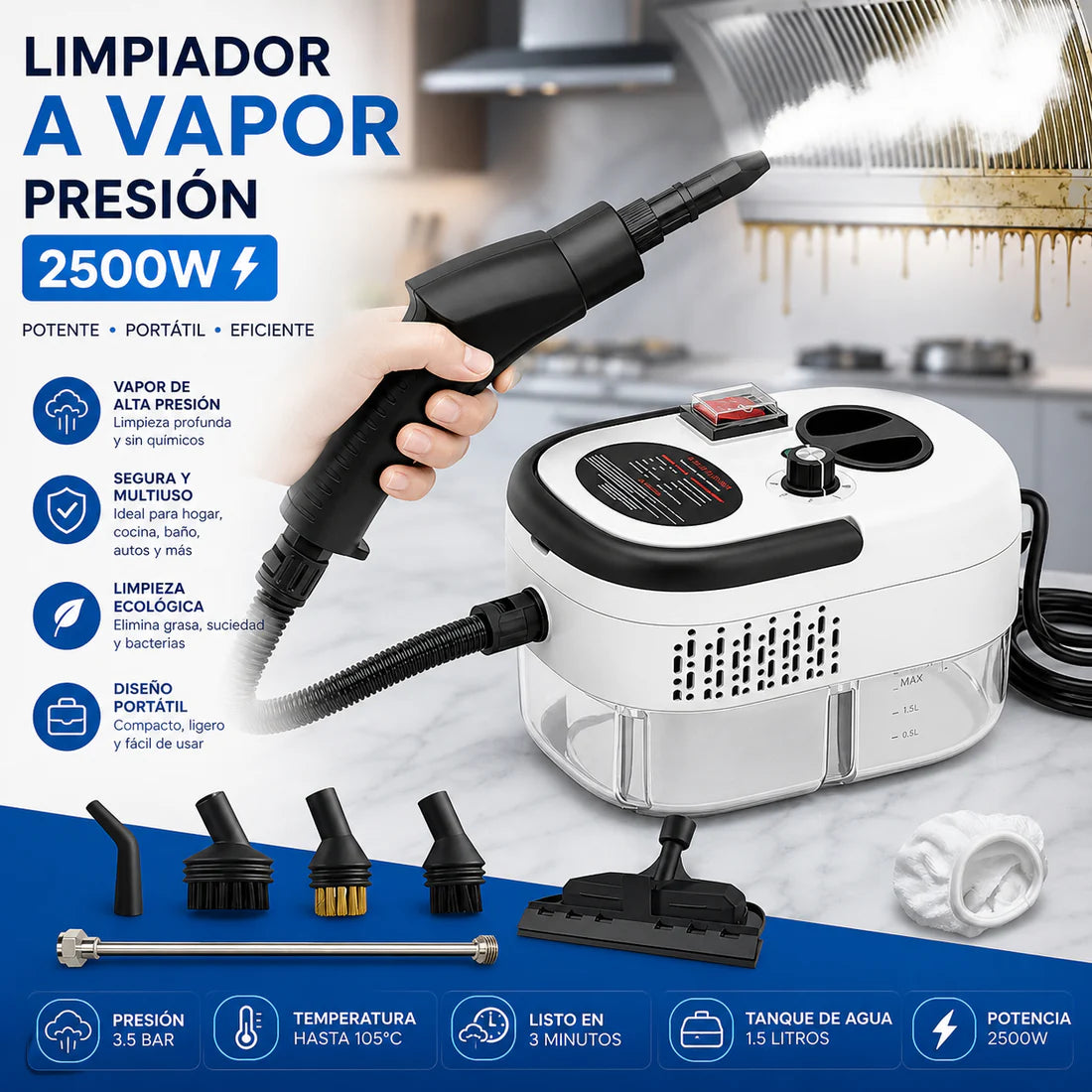 LIMPIADOR A VAPOR VapoMax™ 2500W - Garantía Extendida🔒